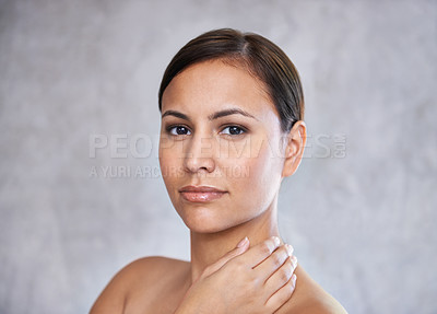 Buy stock photo Natural beauty, portrait of woman and cosmetics for glow, skin health and wellness on grey background. Clean skincare, dermatology with shine and hygiene, self care and grooming with bodycare