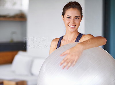 Buy stock photo Portrait, woman and ball for pilates, fitness and yoga as sport, workout and training for energy. Personal trainer, smile and equipment for exercise, health and wellness in core balance and muscle