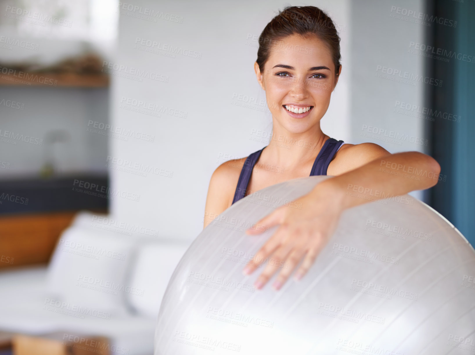 Buy stock photo Portrait, woman and ball for pilates, fitness and yoga as sport, workout and training for energy. Personal trainer, smile and equipment for exercise, health and wellness in core balance and muscle