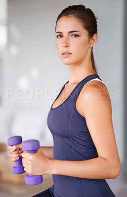 Buy stock photo Gym, portrait and woman with dumbbells for workout, training and fitness indoor at home, house and patio. Activewear, strong and athlete using gym equipment for wellness, health and exercise