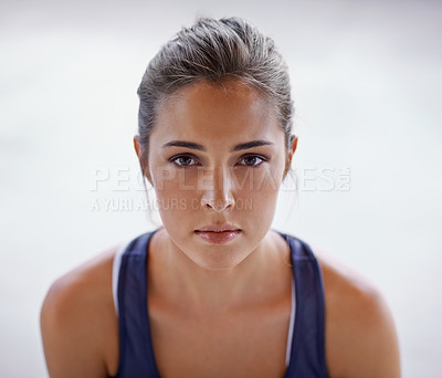 Buy stock photo Gym, portrait and fitness woman with serious face for training or exercise, healthcare and wellness for wellbeing. Female person, attitude and dedication with commitment for workout for self care.