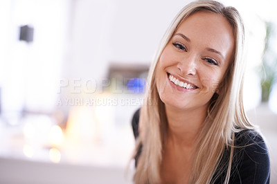 Buy stock photo Happy, portrait and woman relax in a house with positive attitude, confidence or feel good mood. Smile, face or female person in living room with peace, calm or resting on weekend or vacation at home