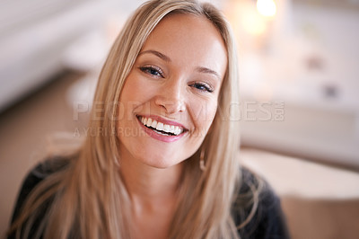 Buy stock photo Happy, portrait and woman in a house relax with confidence, positive attitude or feel good mood in her home. Face, smile and female person in a living room with vacation, free time or resting holiday