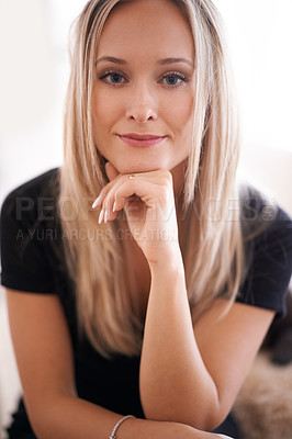 Buy stock photo Portrait, woman and thinking with hand on chin, thoughts and planning in living room. Female person, reflect and contemplating idea for future plans with face smile at home or apartment or house