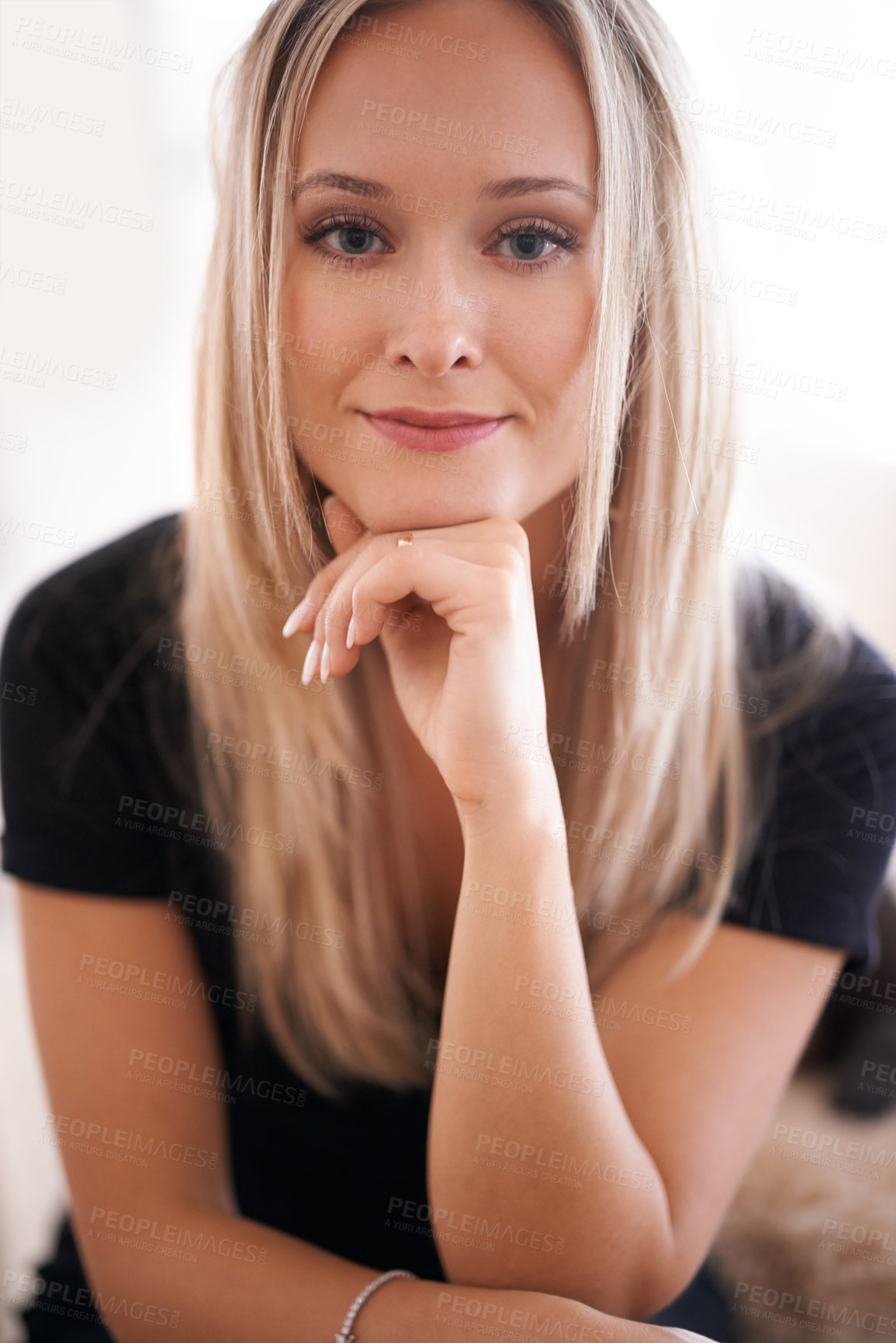 Buy stock photo Portrait, woman and thinking with hand on chin, thoughts and planning in living room. Female person, reflect and contemplating idea for future plans with face smile at home or apartment or house