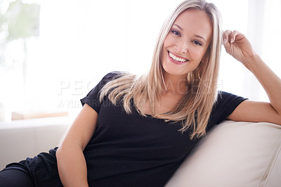 Buy stock photo Portrait, happy and woman on a sofa relax with confidence, positive attitude or feel good mood in her home. Face, smile and female person in a living room with vacation, free time or resting holiday