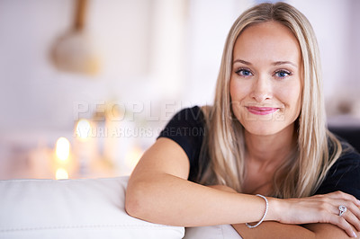 Buy stock photo Portrait, relax and smile of woman on sofa in living room of home for free time, morning or weekend. Face, stress relief or wellness with happy young person in lounge of apartment for peace and quiet
