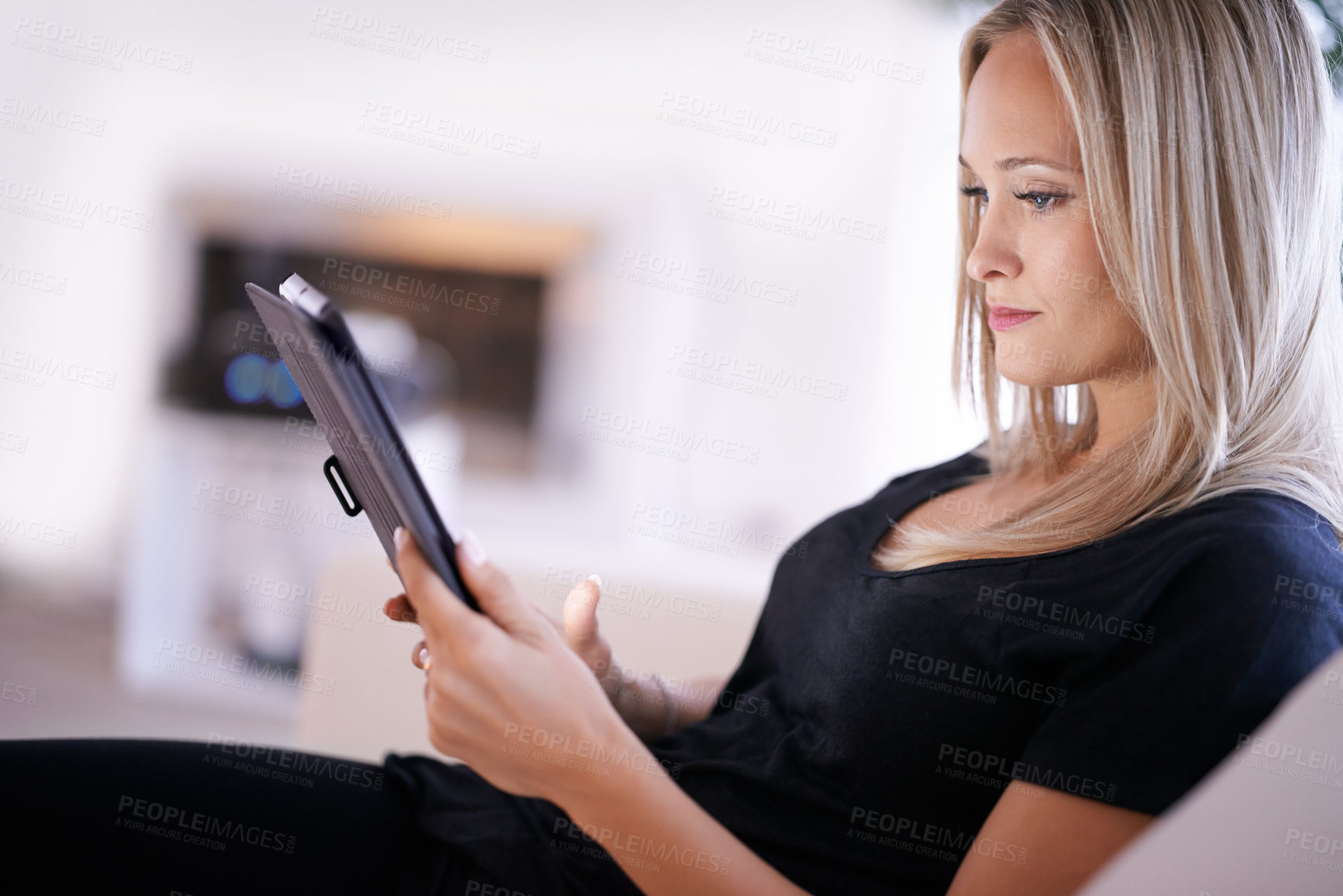 Buy stock photo Tablet, search and woman on sofa with internet, scroll or social media, ebook or streaming  at home. Digital, app or female person in a living room online with google it, sign up or netflix and chill