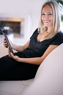 Buy stock photo Woman, relax and portrait with tablet on sofa for social media, website search and online entertainment. Living room, technology and face with smile for happiness, weekend and online blog on couch