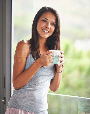 Buy stock photo Woman, window and smile with coffee in bedroom on  morning with pajama, fresh and healthy at home. Portrait, female person and happy with confidence to relax for  leisure, comfort and enjoy.