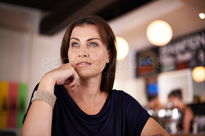 Buy stock photo Face, relax and thinking with woman in coffee shop on weekend for contemplation or inspiration. Future, planning and vision with mature person in cafe or restaurant as customer for hospitality