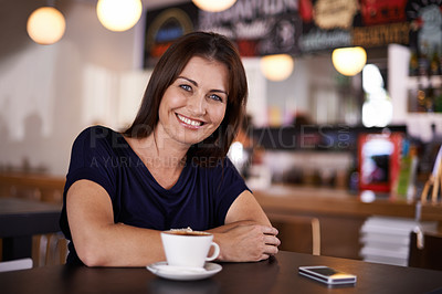 Buy stock photo Portrait, smile and woman for relax in cafe with coffee, cappuccino or latte drink on lunch break. Caffeine, mobile phone and face of person for hot beverage for calm, peace and weekend off at bistro