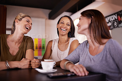 Buy stock photo Friends, women and talking at coffee shop for social life, happy and funny conversation. Group of people or customer a cafe, restaurant or startup business with casual chat, laughing and talking