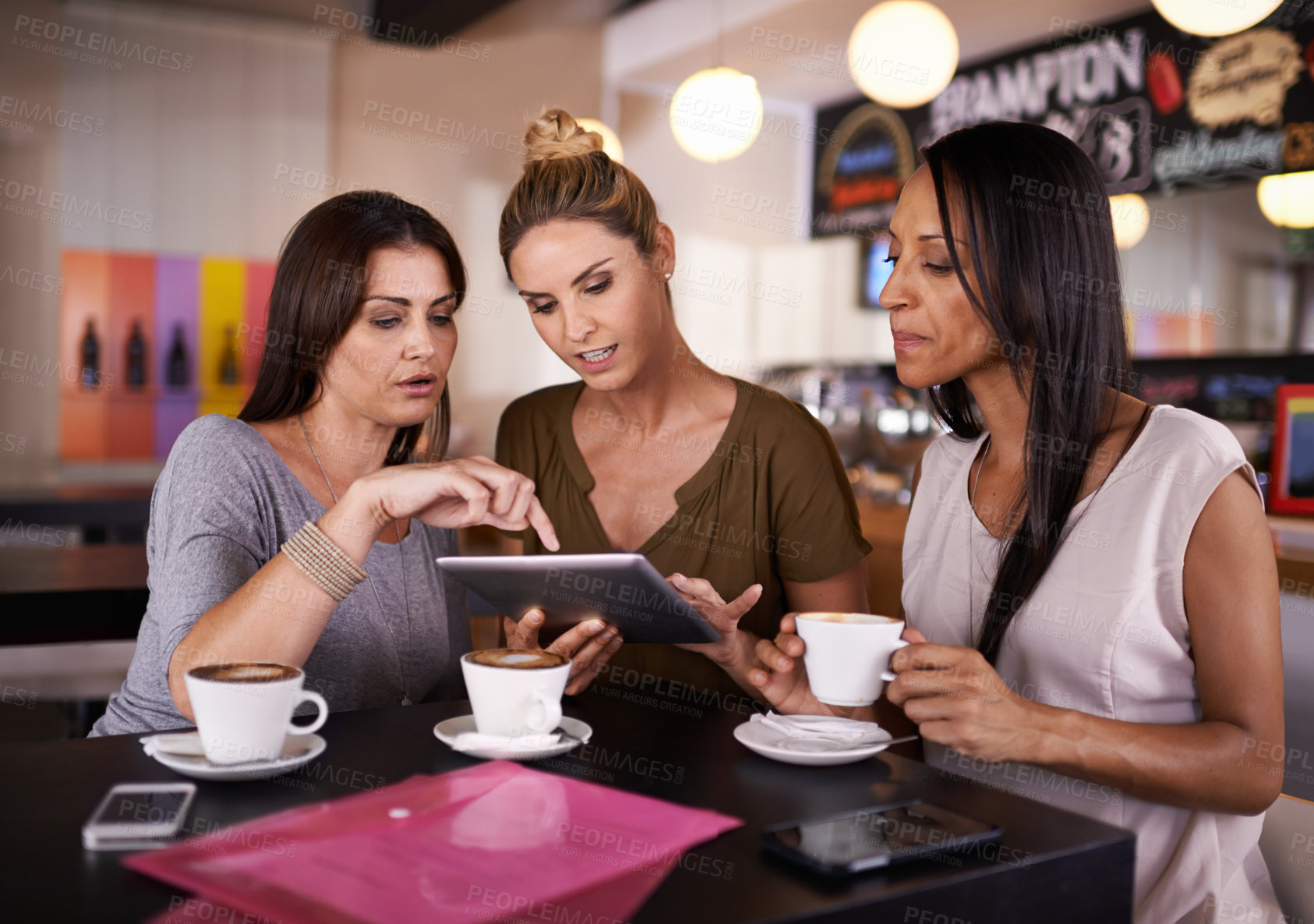 Buy stock photo Restaurant, tablet or women on social media for review, food option and order for lunch, meal or dinner. Coffee shop, cafe and happy friends on digital tech app for article post, website and blog