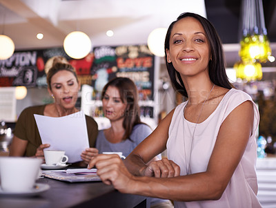Buy stock photo Startup, woman and happy portrait in coffee shop for small business, cafe or restaurant and notebook or paperwork for planning. Female entrepreneur, counter and meeting with partners for inventory.