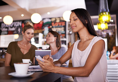 Buy stock photo Woman, reading and phone on social media in cafe and customer relax with latte in restaurant. Happy, person and scroll smartphone online with news, article or review coffee shop on blog website
