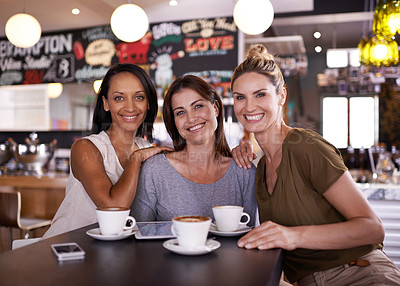 Buy stock photo Portrait, friends or women in cafe for coffee to drink for a fun reunion, support or holiday with smile or love. Relax, happy or people with a cup of tea for bonding at a restaurant, diner or shop 