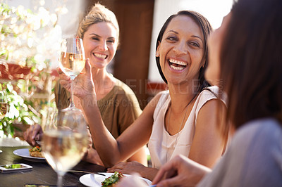 Buy stock photo Women, wine and dinner at restaurant with laughing, bonding and relax in city with food, gossip and eating. People, face and happy with alcohol at cafe for social gathering, funny story and reunion