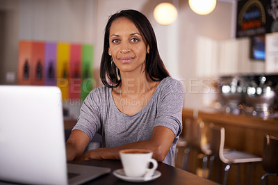 Buy stock photo Happy woman, portrait and laptop with coffee at cafe for small business, communication or networking. Face of female person or freelancer with smile on computer for remote work at indoor restaurant