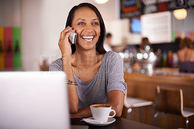 Buy stock photo Happy woman, laughing and phone call with coffee at cafe for funny joke, conversation or communication. Female person with smile on mobile smartphone for talk, chat or humor at indoor restaurant