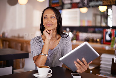 Buy stock photo Happy woman, thinking and tablet with coffee at cafe for ambition, dream or career startup. Young female person with smile in wonder or thought on technology for creative mission at indoor restaurant