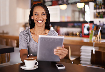 Buy stock photo Happy woman, portrait and coffee with tablet at cafe for research, browsing or networking. Young female person with smile on technology for online communication or internet at indoor restaurant