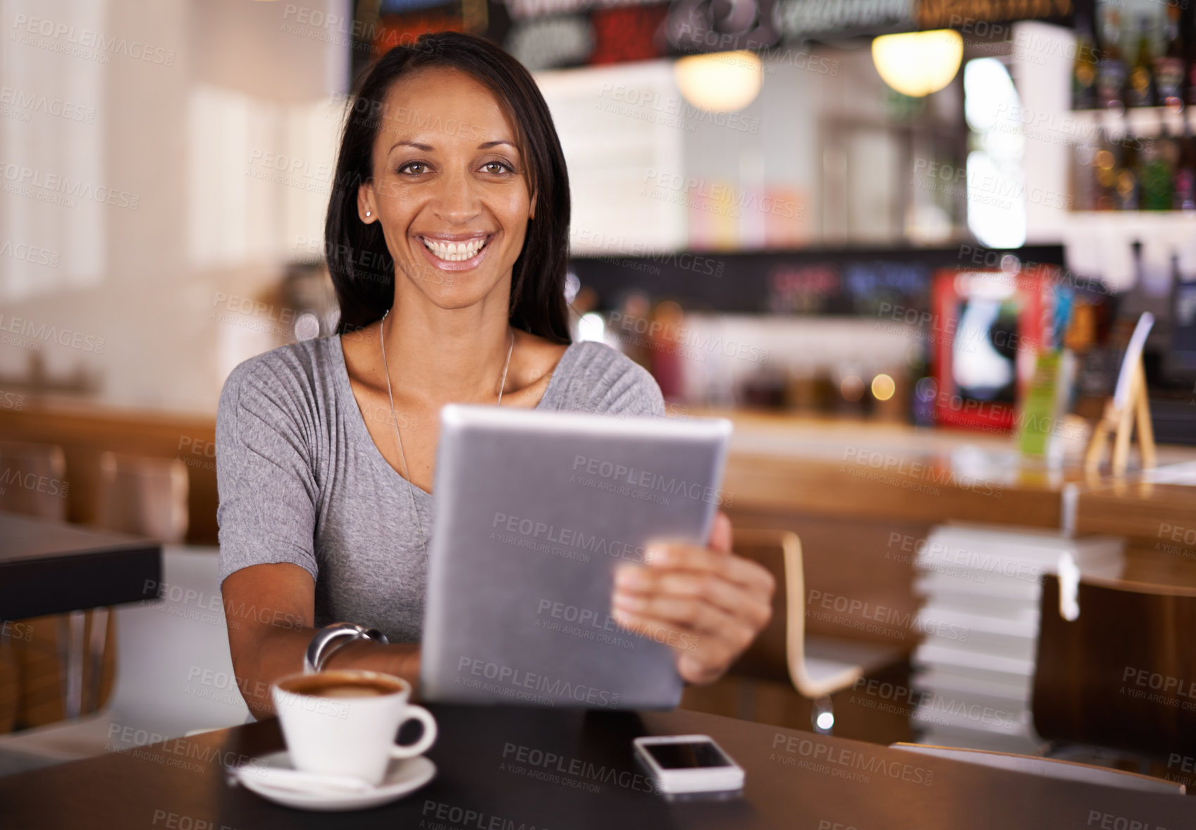 Buy stock photo Happy woman, portrait and coffee with tablet at cafe for research, browsing or networking. Young female person with smile on technology for online communication or internet at indoor restaurant