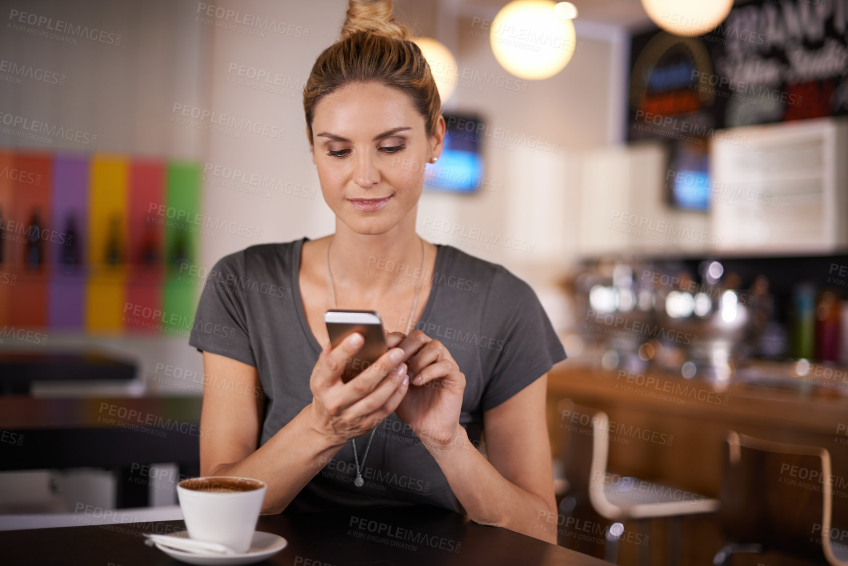 Buy stock photo Happy woman, typing and phone with coffee for communication, social media or networking at cafe. Female person with smile on mobile smartphone for online chatting, texting or app at indoor restaurant