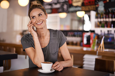 Buy stock photo Happy, woman and phone call in coffee shop or relax in restaurant as customer in hospitality on holiday or vacation. Girl, smile and enjoy latte or espresso with virtual chat on smartphone in morning