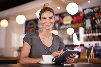 Buy stock photo Business woman, portrait and tablet in coffee shop with smile, pride or confidence on app at lunch. Person, freelancer and happy at cafe on digital touchscreen for remote work, contact and networking