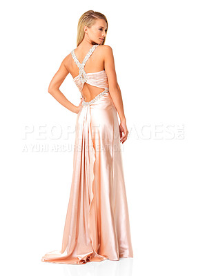 Buy stock photo Fashion, glamour and elegant while wearing a dress or evening gown as a wedding bridesmaid or for prom against white studio background. Classy and beautiful young woman attending fancy party or event