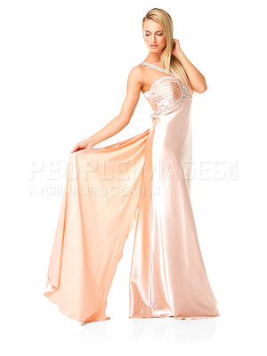 Buy stock photo Beauty, elegant and fashion in a graceful dress or evening gown for prom, formal event or fancy ball against white studio background. Beautiful woman wearing silk bridesmaid outfit for wedding party 
