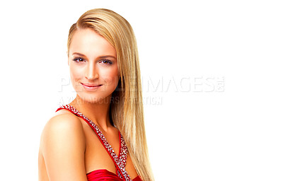 Buy stock photo Fashion, beauty and makeup of confident woman with elegant, glamour and flawless look for fancy party or event against a copy space background. Portrait face of a young woman feeling beautiful 