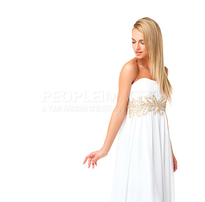 Buy stock photo Fashion, beauty and woman in prom dress for party, celebration or formal event with mockup. Couture, designer and luxury with girl in evening gown for style, elegant and wedding in studio background
