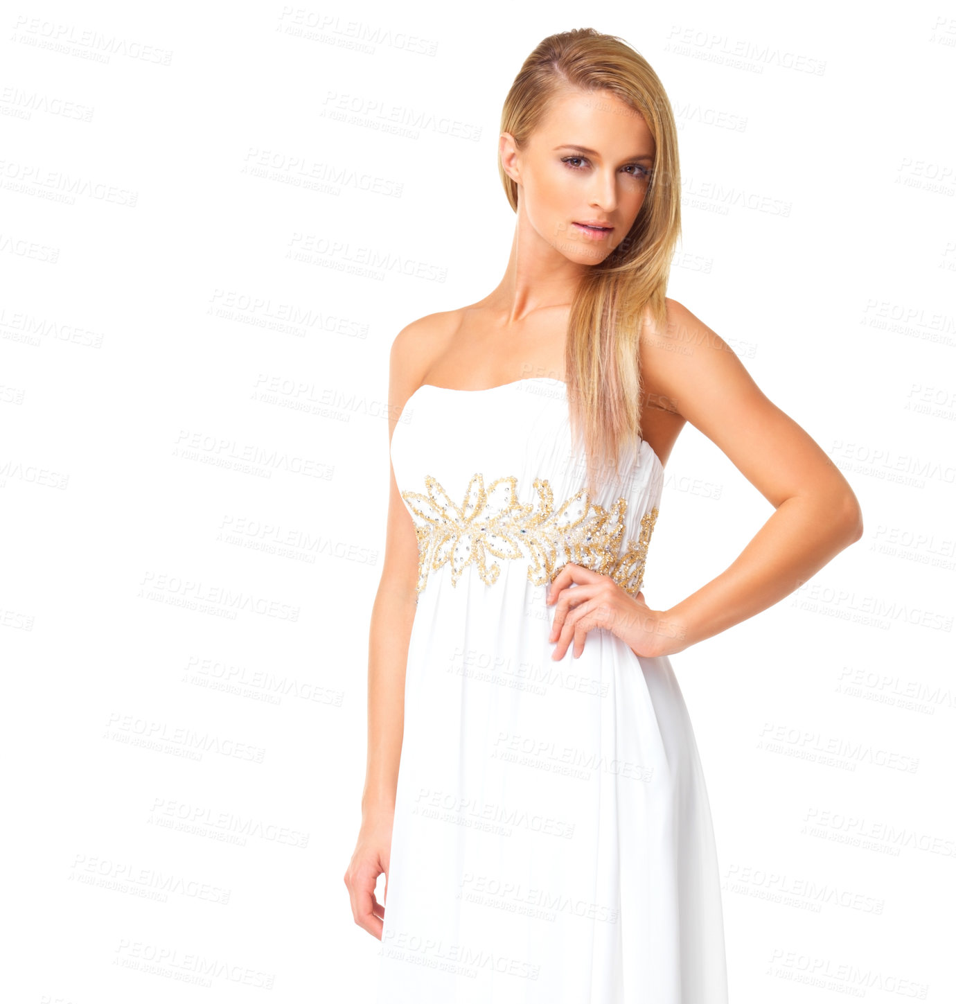 Buy stock photo Fashion, beauty and portrait of woman in prom dress for party, celebration or formal in mockup. Couture, designer or luxury with girl in evening gown isolated on white background for elegant style