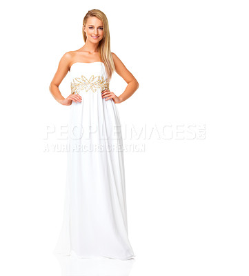 Buy stock photo Fashion, beauty and portrait of woman in prom dress for party, celebration or formal in mockup. Couture, designer or luxury with girl in evening gown isolated on white background for elegant style