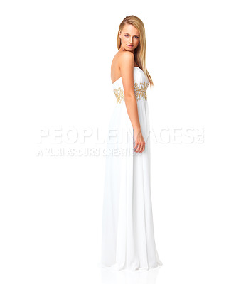 Buy stock photo Fashion, beauty and portrait of woman in prom dress for party, celebration or formal with mockup. Couture, designer or luxury with girl in evening gown isolated on white background for elegant style