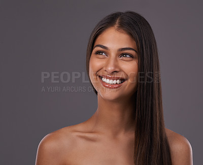 Buy stock photo Happy, hair and face of woman on gray background for healthy texture, wellness and beauty. Haircare, hairdresser and person with long hairstyle for salon products, cosmetics and shine in studio