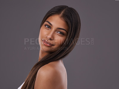 Buy stock photo Salon, hair and portrait of woman on gray background for healthy texture, wellness and beauty. Haircare, hairdresser and face of person with long hairstyle for products, cosmetics and shine in studio