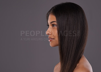 Buy stock photo Beauty, hair and face of woman on gray background for healthy texture, wellness and long hairstyle. Haircare, hairdresser and profile of person for salon products, cosmetics and shine in studio