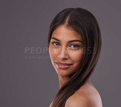 Buy stock photo Beauty, hair and portrait of woman on gray background for healthy texture, wellness and keratin treatment. Long hairstyle, hairdresser and person for salon products, cosmetics and shine in studio