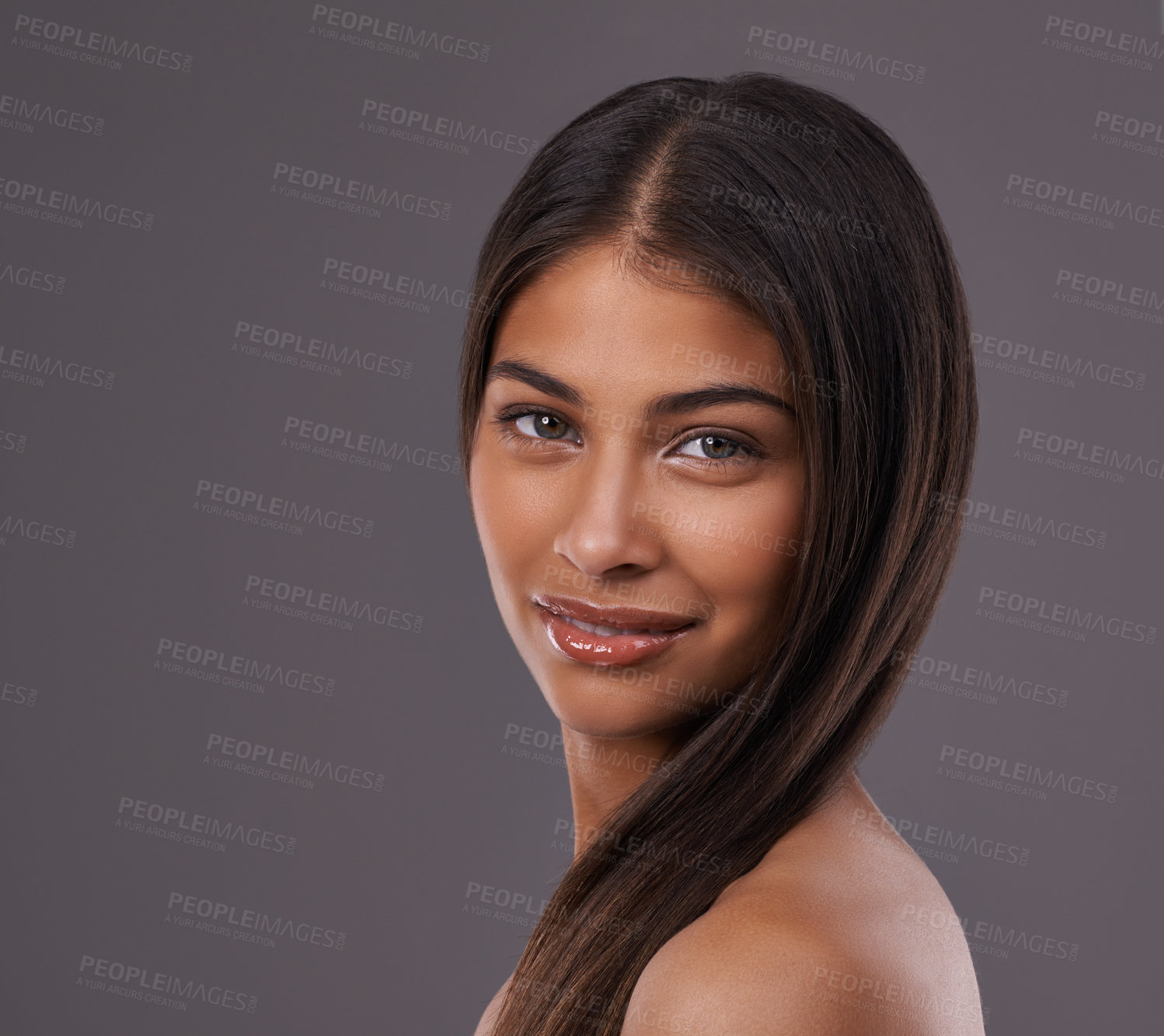 Buy stock photo Beauty, hair and portrait of woman on gray background for healthy texture, wellness and keratin treatment. Long hairstyle, hairdresser and person for salon products, cosmetics and shine in studio