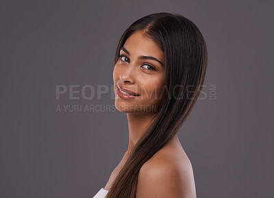 Buy stock photo Salon, hair and portrait of woman on gray background for healthy texture, wellness and beauty. Haircare, hairdresser and face of person with long hairstyle for treatment, cosmetics or shine in studio