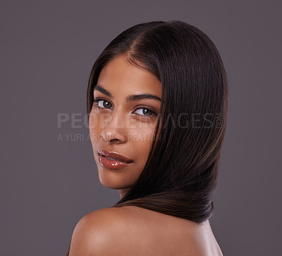Buy stock photo Hair, salon and portrait of woman in studio for healthy texture, wellness and beauty. Haircare, hairdresser and face of person with long hairstyle for makeup, cosmetics and shine on gray background