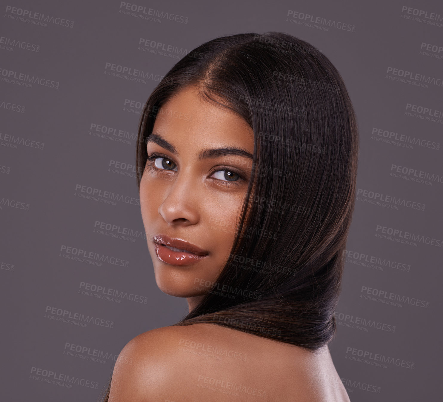 Buy stock photo Hair, salon and portrait of woman in studio for healthy texture, wellness and beauty. Haircare, hairdresser and face of person with long hairstyle for makeup, cosmetics and shine on gray background