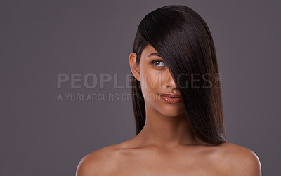 Buy stock photo Woman, studio and haircare with thinking beauty, Indian female person with luxury and salon treatment. Brazilian and keratin blowout for results and wellness, confident and isolated glowing model
