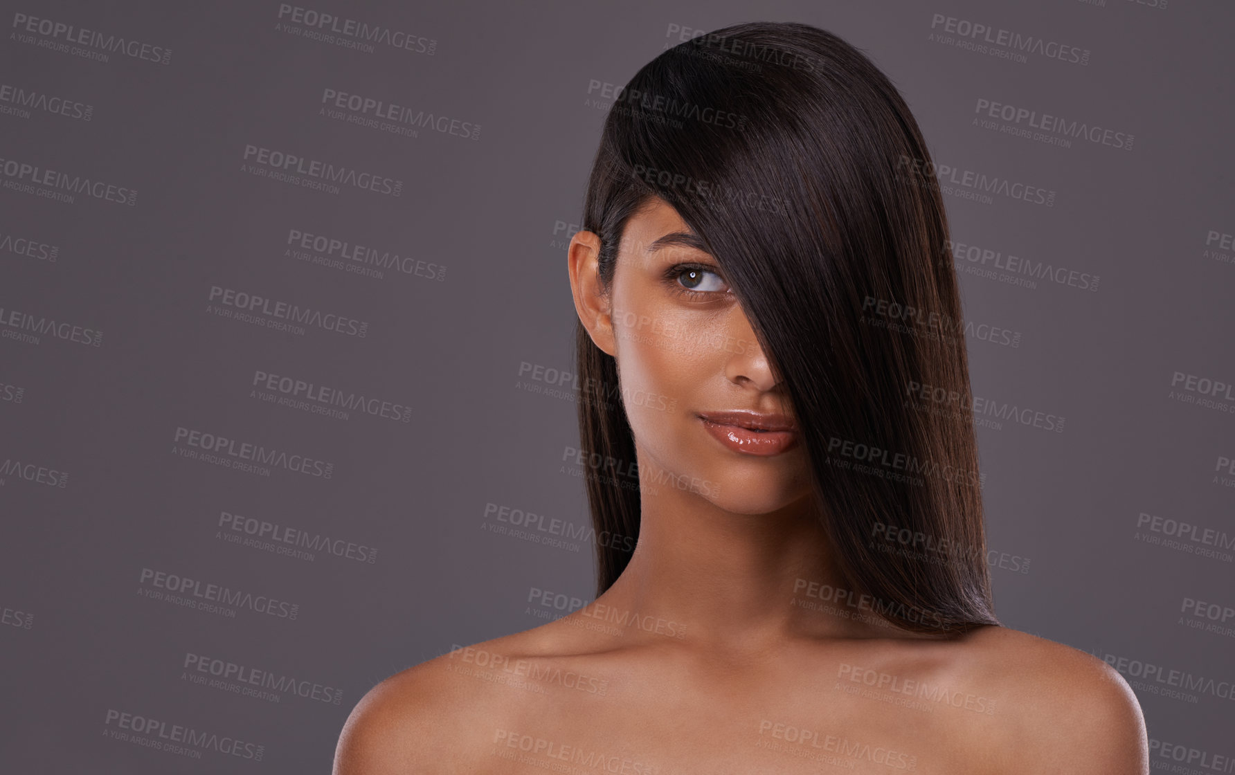 Buy stock photo Woman, studio and haircare with thinking beauty, Indian female person with luxury and salon treatment. Brazilian and keratin blowout for results and wellness, confident and isolated glowing model