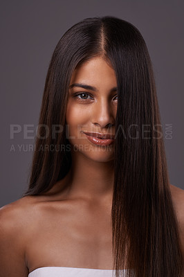 Buy stock photo Portrait, straight hair and beauty of woman, skincare and makeup isolated on a gray studio background. Hairstyle, face and Indian model in cosmetics at salon for treatment or care at hairdresser