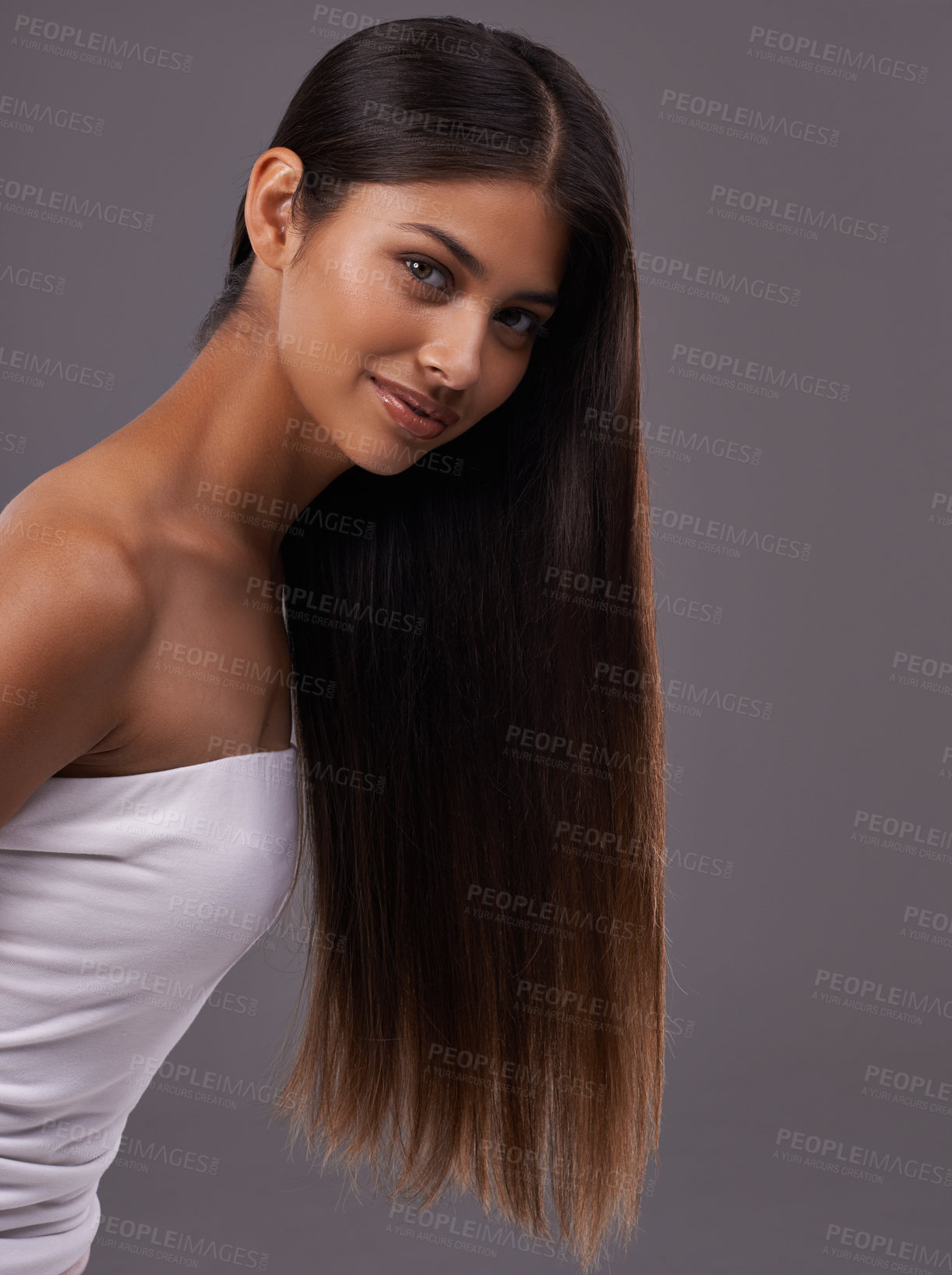 Buy stock photo Woman, hair and portrait for salon, long and style for heat and blow with keratin treatment and wash. Model with glossy and healthy roots and tips with smooth and silk for volume or cut on mockup