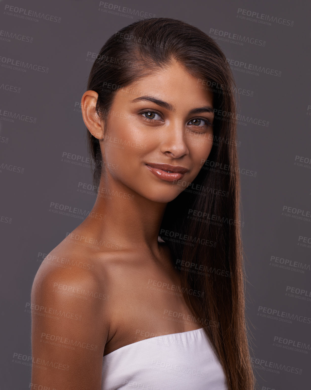 Buy stock photo Salon, hair care and portrait of woman on gray background for healthy texture, wellness and beauty. Shine, hairdresser and face of person with hairstyle for treatment, cosmetics and growth in studio